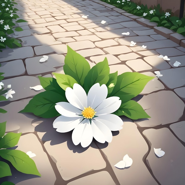 a white flower laying on the ground in a garden