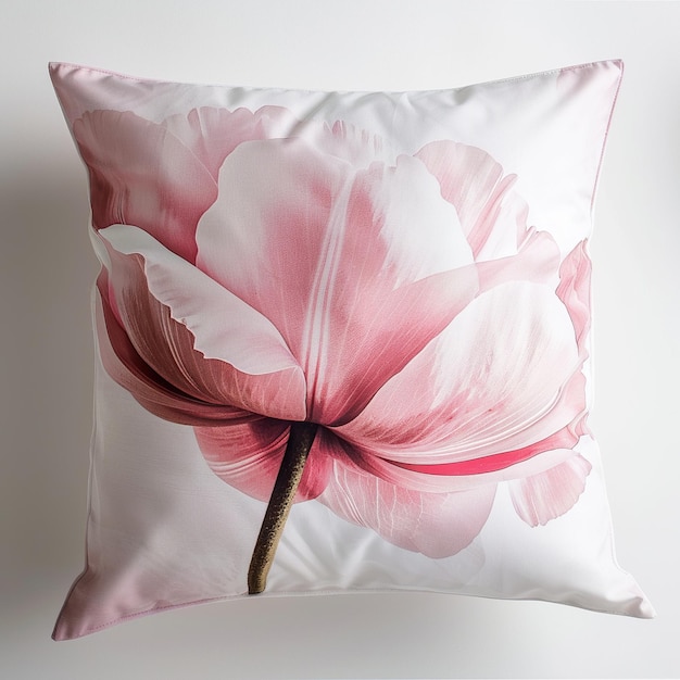 a white flower pillow with a pink flower on the front