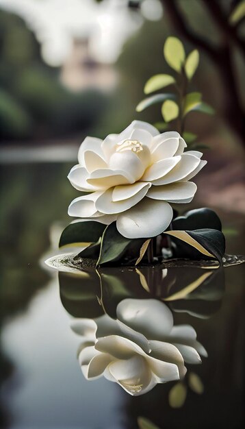 White flower sitting on top of a body of water generative ai