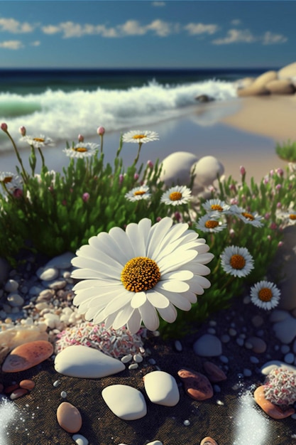 White flower sitting on top of a sandy beach generative ai