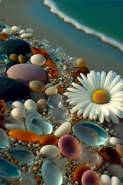 White flower sitting on top of a sandy beach generative ai