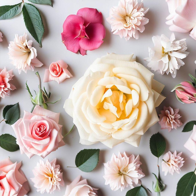 A white flower surrounded by pink and yellow flowers