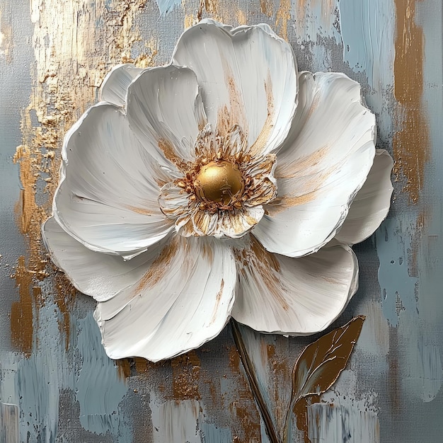 a white flower with a gold center is on a blue background