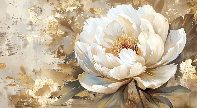 a white flower with gold leaves and a gold background