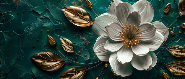 White Flower with Golden Leaves on Green Background