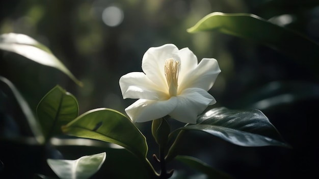 A white flower with a green leaf in the background