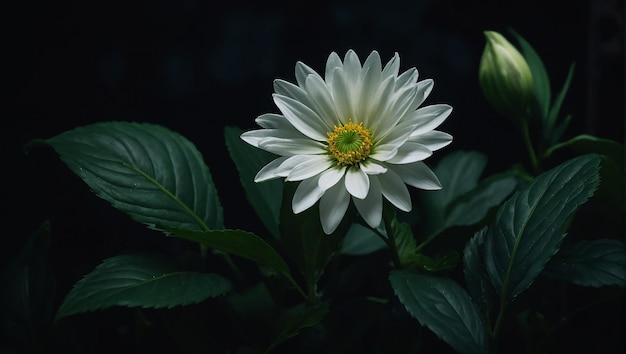 A white flower with green leaves in the dark