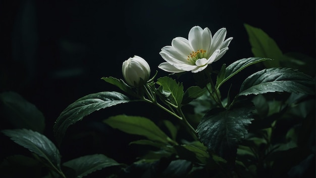 A white flower with green leaves in the dark