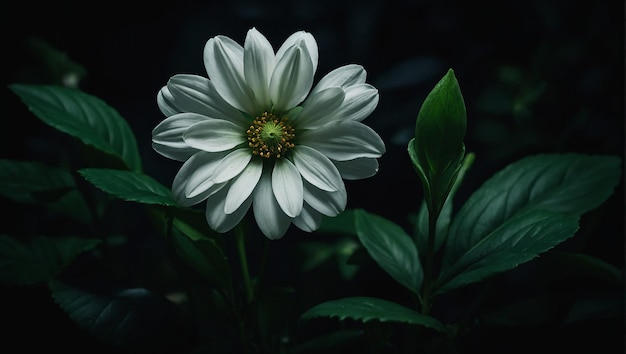 A white flower with green leaves in the dark