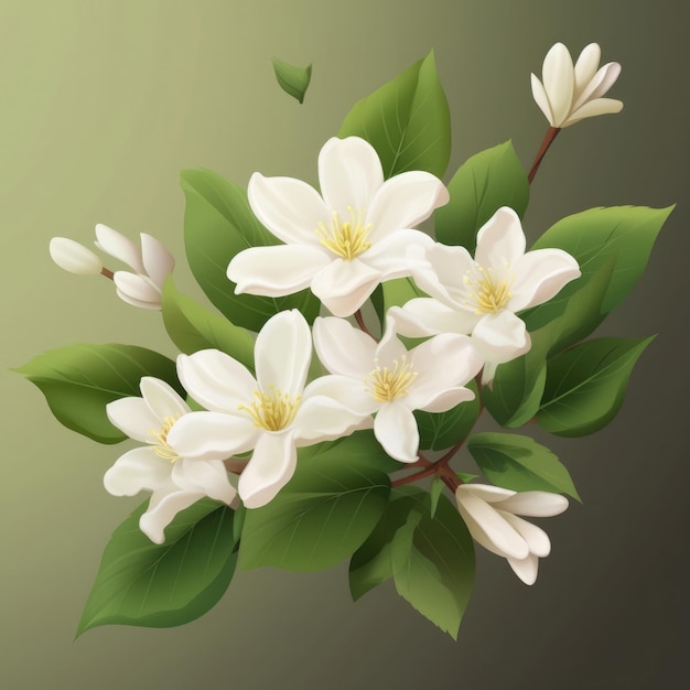 A white flower with green leaves is on a green background.