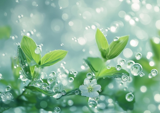 white flower with green leaves and water droplets on it set against a blurred background generative ai