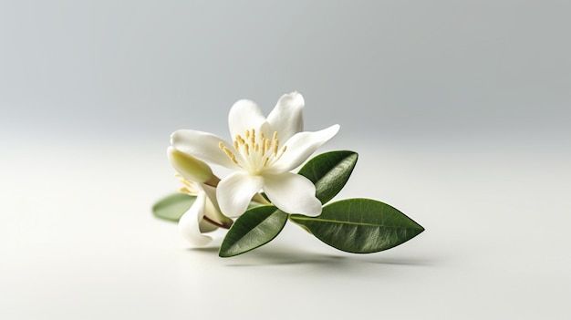 A white flower with green leaves on a white background