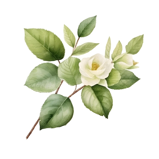 Photo a white flower with green leaves and a white flower on a white background.