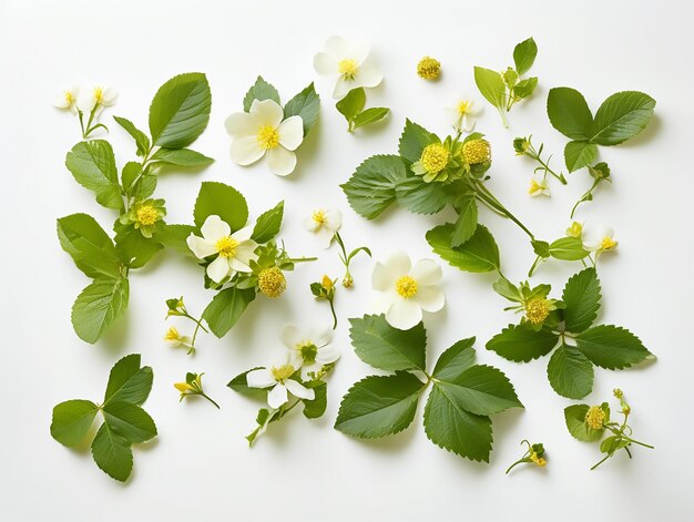 White flower with green leaves and a yellow flower