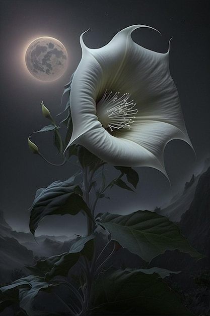 A white flower with the moon in the background