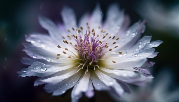 A white flower with purple petals and a purple center