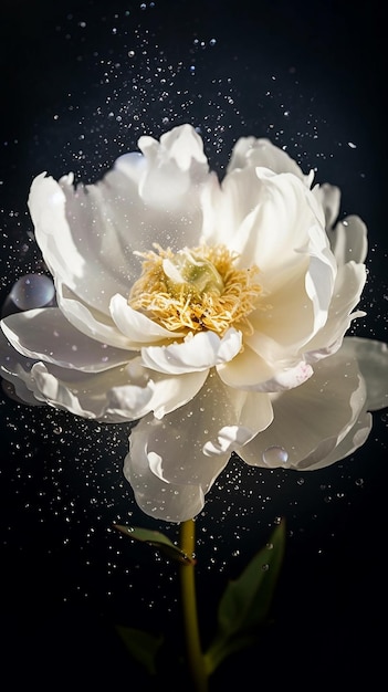 A white flower with water droplets floating on it