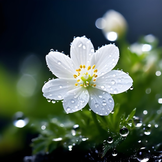 a white flower with water drops on it and the rain drops on it