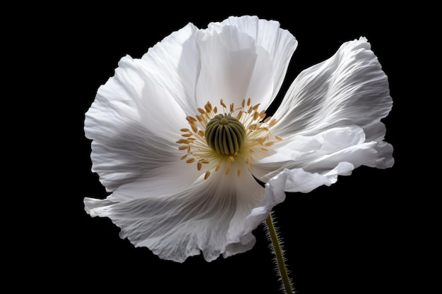 A white flower with a yellow center is shown against a black background