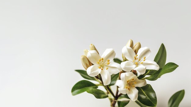 A white flower with yellow flowers in front of a white background.