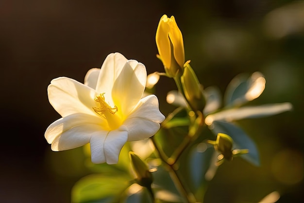 A white flower with yellow petals and a yellow center is in the sunlight.