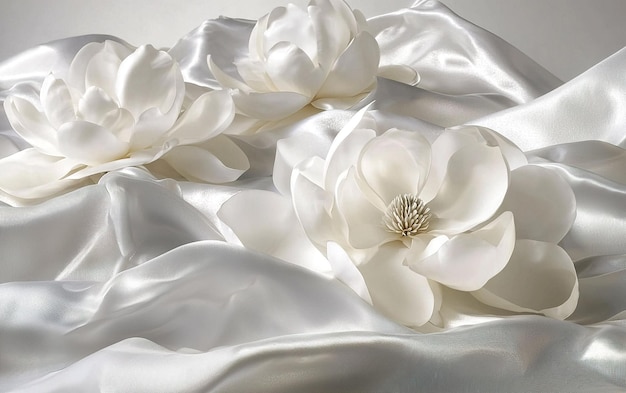 Photo white flowers arranged elegantly on soft satin fabric in a serene and tranquil setting