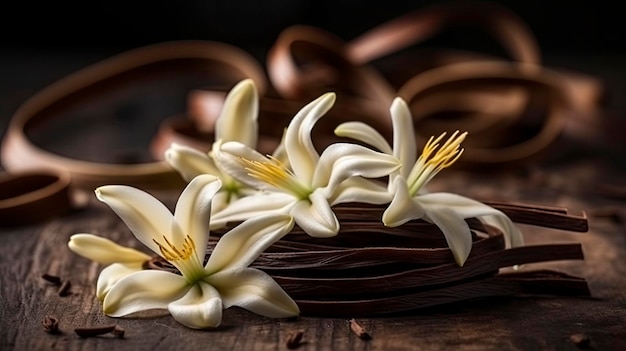 White flowers in a basket on a wooden table