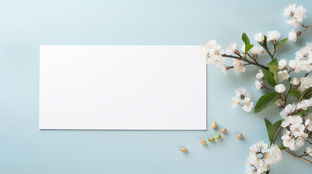 White Flowers and Blank Paper on Blue Background