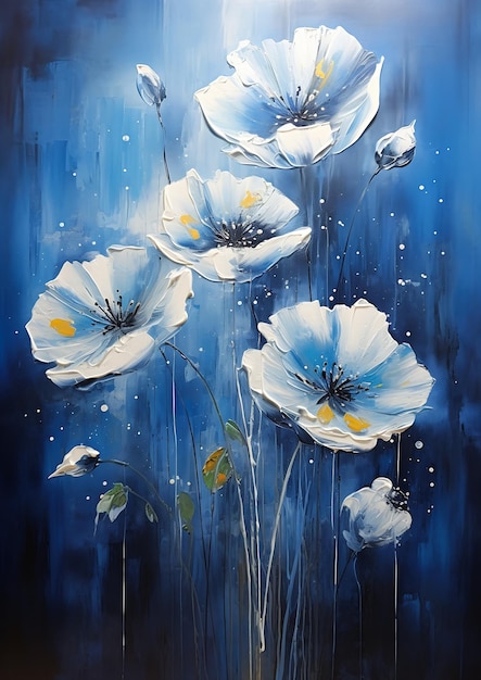 white flowers blue background princess staples luminous veins canvas poppy clouds fairyland cosmos