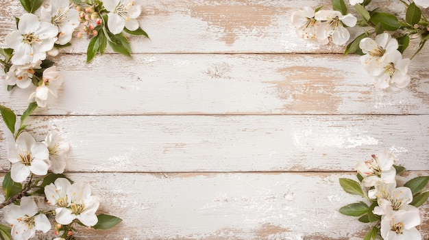 Photo white flowers border on weathered white wood background