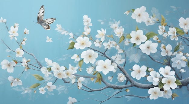 White Flowers and Butterflies Drawing on Blue Elegant Luxurious Wall Hangings with Simple Beauty