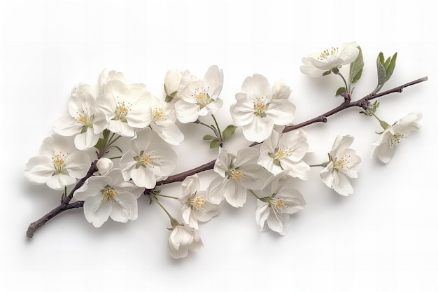 White flowers of flowering branch on white background cherry blossom plum blossoms apple tree or