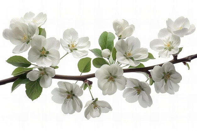 White flowers of flowering branch on white background cherry blossom plum blossoms apple tree or