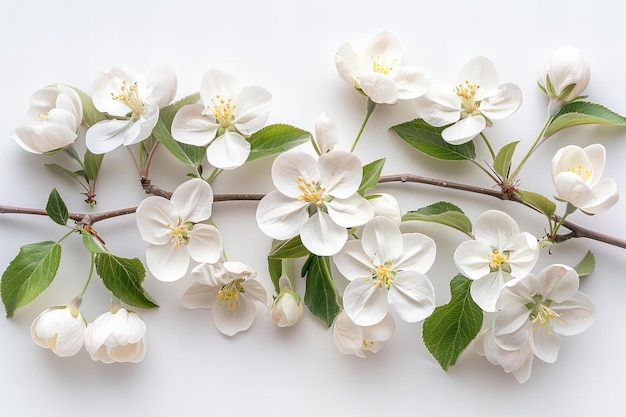 White flowers of flowering branch on white background cherry blossom plum blossoms apple tree or