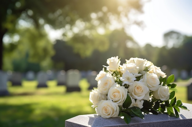 white flowers in front of a gravestone at a cemetery with sunsetFuneral Concept