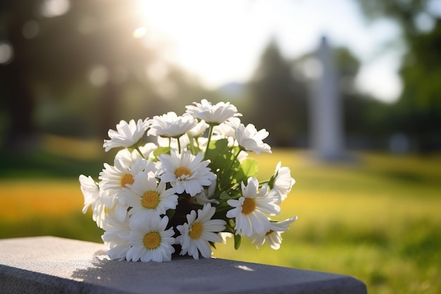 white flowers in front of a gravestone at a cemetery with sunsetFuneral Concept