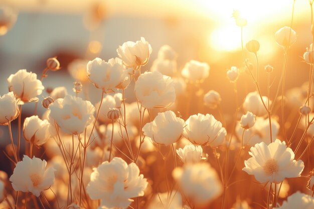 White flowers glowing in the golden sunlight during a beautiful sunset in a serene field