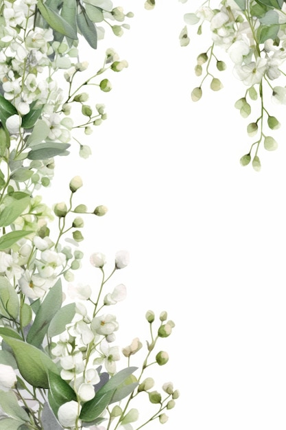 Photo white flowers and green leaves on white background with copy space for text