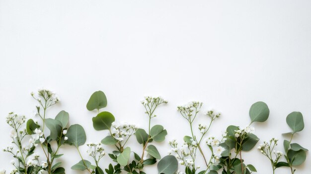 Photo white flowers and greenery on white background