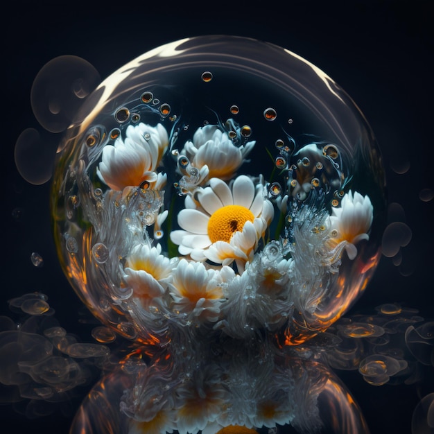 white flowers inside bubbles