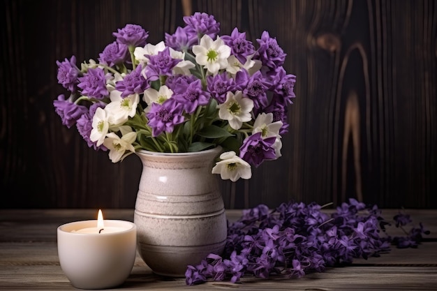 White flowers in a purple vase white candle on wooden boards Vintage dark home decor Condolence or V