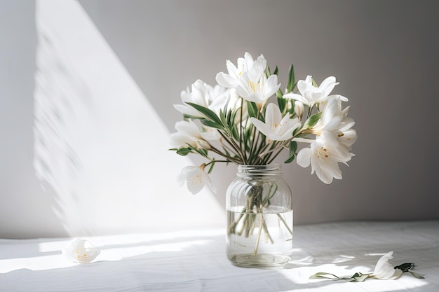 White flowers in a vase on a white background in a room current interior decoration