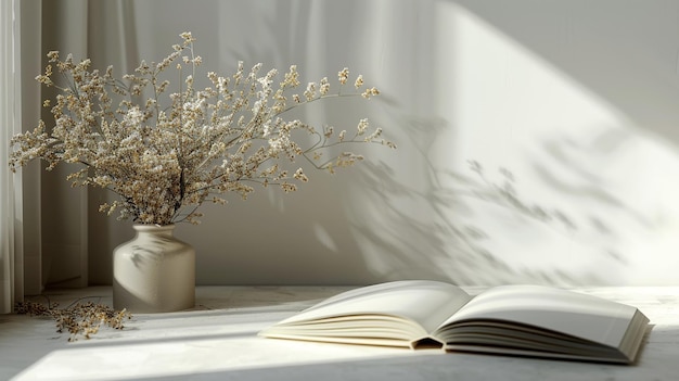 White flowers in vase with open book on white surface in sunlight