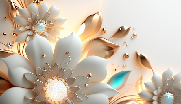 White flowers with gold.3d Beautiful background with flowers.Generative ai.