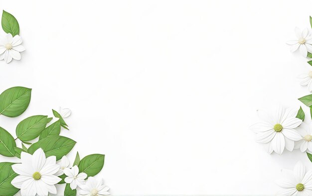 White flowers with green leaves on a white background with space for text