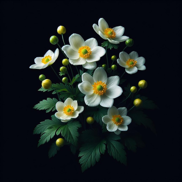 white flowers yellow center green leaves yellow buds on a black background