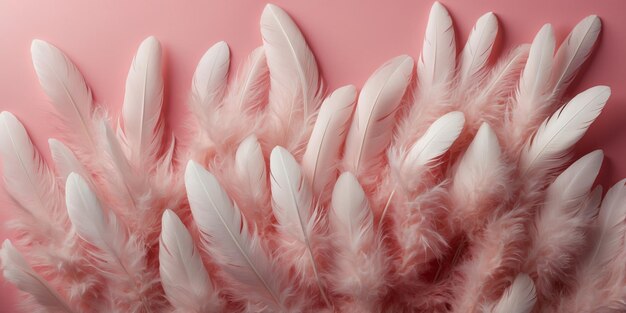 Photo white fluffy bird feathers on pink background