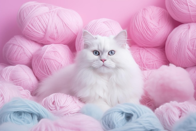 White fluffy cat against soft pink backdrop