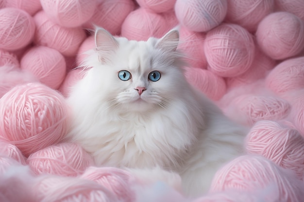 White fluffy cat against soft pink backdrop