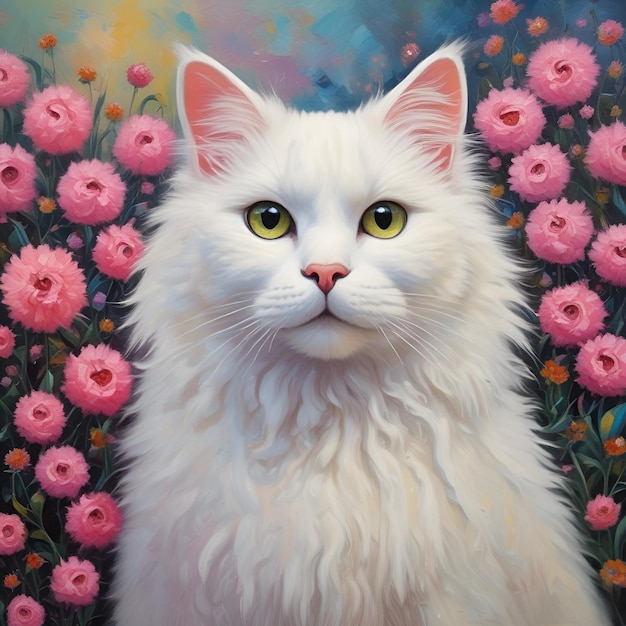 White fluffy cat illustration with pink